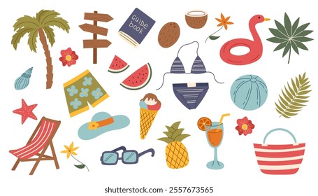 Set of summer travel beach objects isolated on white background. Travel vacation concept. Vector flat clipart. 