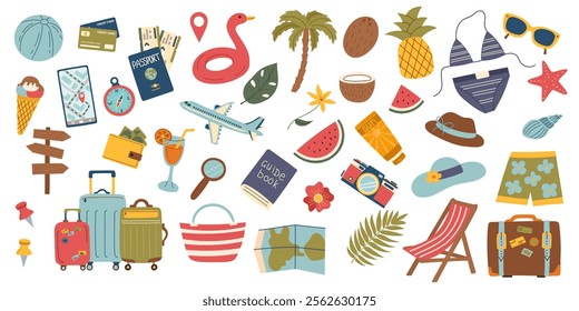 Set of summer travel beach objects isolated on white. Travel and vacation concept. Vector flat cliparts.