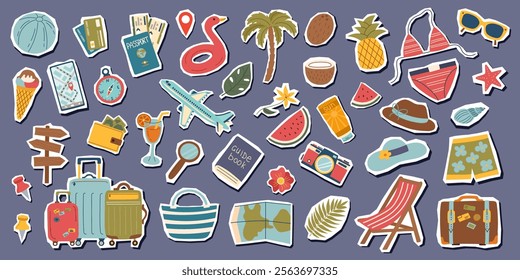 Set of summer travel beach objects stickers. Travel, summer and vacation concept. Vector flat cliparts.