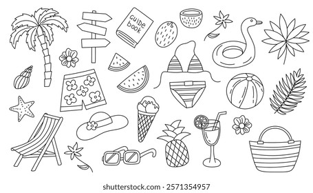 Set of summer travel beach objects isolated on white background. Travel vacation concept. Vector flat hand drawn cliparts in doodle style.