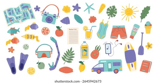 Conjunto de objetos de praia de viagem de verão isolados sobre fundo branco. Conceito de viagem e férias. Cliparts planas vetoriais.