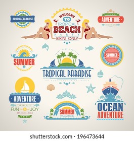 Set of Summer and travel design elements and typography design. Retro and vintage templates. Calligraphic ornaments, labels, badges, cards. 