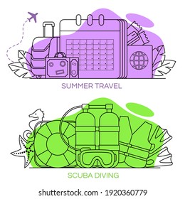 Set of summer travel and diving icons. Vector illustration