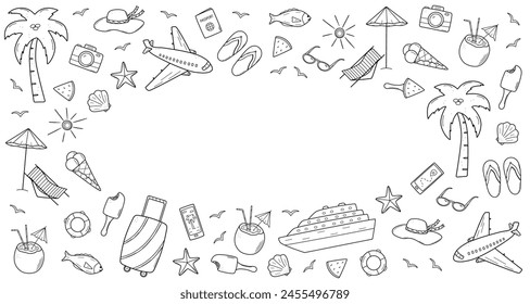 Set of summer travel doodle style icons. Vector illustration of the elements of tourism and beach holidays.