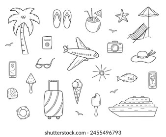 Set of summer travel doodle style icons. Vector illustration of the elements of tourism and beach holidays.