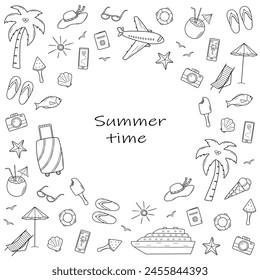 Set of summer travel doodle style icons. Vector illustration of the elements of tourism and beach holidays.