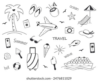 Set of summer travel doodle style icons. Vector illustration of the elements of tourism and beach holidays.