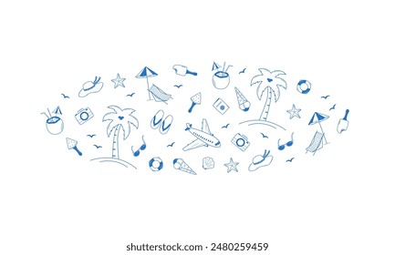 Set of summer travel doodle style icons. Vector illustration of the elements of tourism and beach holidays.