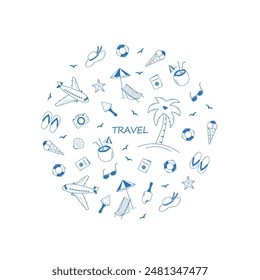 Set of summer travel doodle style icons. Vector illustration of the elements of tourism and beach holidays.