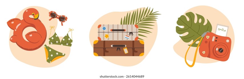 Set of summer travel elements with beach accessories, sunglasses, flamingo swimming ring, slippers, palm leaves, swimsuit, suitcase, camera for sea holidays. Cartoon flat vector illustration on white.