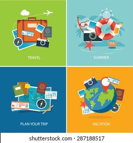 set of summer and travel flat design banner template