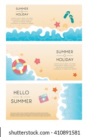 Set of summer travel fliers with beach items and wave. Vector illustration