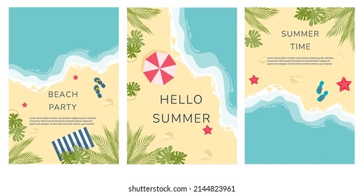 Set of summer travel flyers with beach items and wave. Tropical beach cards with sand, sea and palm trees. Vector illustration