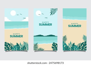 Set of summer travel flyers with beach and wave. Vector illustration in Minimalistic style