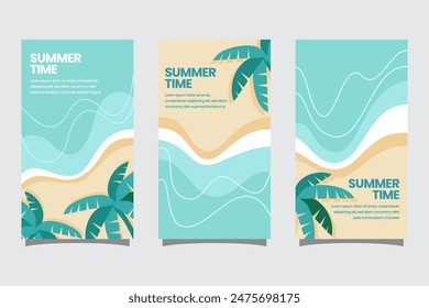 Set of summer travel flyers with beach and wave. Vector illustration in Minimalistic style