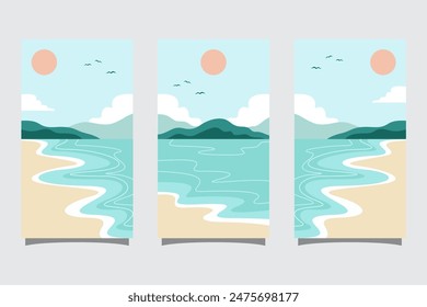 Set of summer travel flyers with beach and wave. Vector illustration in Minimalistic style