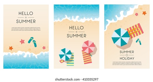 Set of summer travel flyers with beach items and wave. Top view. Vector illustration