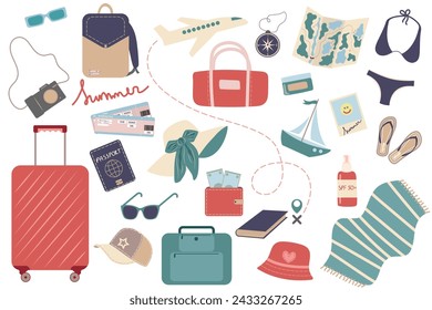 Set of summer travel Icon. Patches and Sticker vacation Collection. tourist bundle