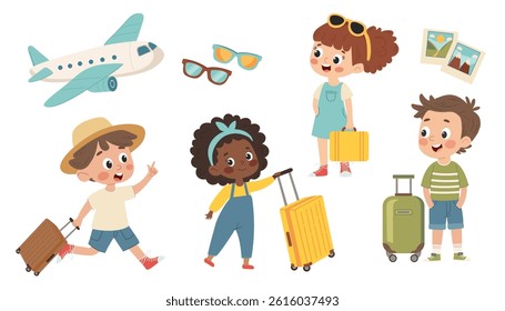 Set of summer travel icons. Cute Kids Traveling with Luggage Vector Illustration Set. little kid go traveling and feel happy