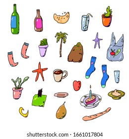 Set of summer travel items. Cute drawings for design of clothes and stickers.