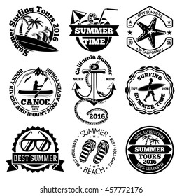 Set of summer travel labels with surfing, canoe, anchor, sunglasses, palms etc. Vector