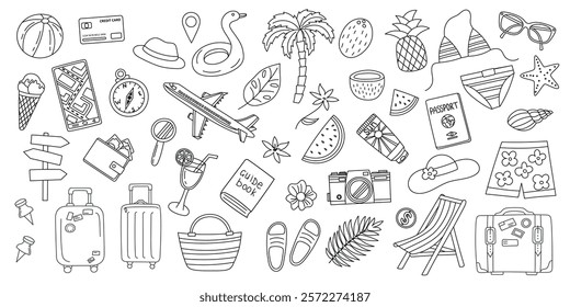 Set of summer travel objects isolated on white background. Travel vacation concept. Vector flat hand drawn cliparts in line art style.