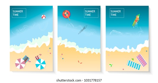 Set of summer travel posters with beach items and sunbathing, swimming people. Top view. Vector illustration poster, trendy minimalist brochure.