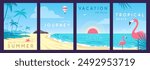 Set of summer travel posters with tropical landsape, ocean waves, beach, palm trees and flamingo. Vector illustration