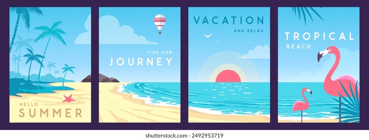 Set of summer travel posters with tropical landsape, ocean waves, beach, palm trees and flamingo. Vector illustration