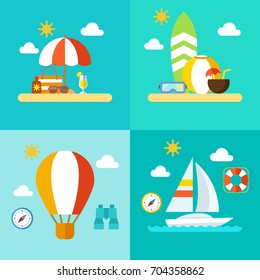Set of summer travel and recreation icons. Flat design. Vector illustration