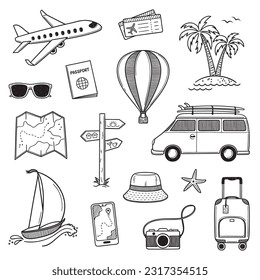 Set of summer travel theme design elements in doodle style