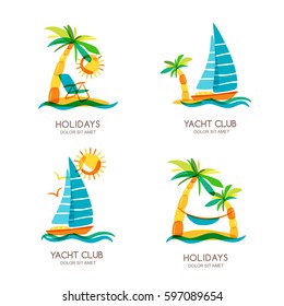 Set of summer travel and tourism vector illustrations. Tropical island, palms and sailing boat. Flat design for summer vacation. Concept for travel agency, boat rent, cruise and beach resort.