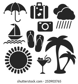 Set of summer and travel universal web and mobile logo icons isolated on white. Vector symbols of suitcase, sun, umbrella, cloud, rain, camera, palms, slippers, yacht, cocktail