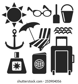 Set of summer and travel universal web and mobile logo icons isolated on white. Vector symbols of suitcase on wheels, sun, sunscreen, shovel, pail, umbrella, sunbed, sunglasses, passport, anchor