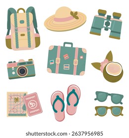 Set of summer travel and vacation items.