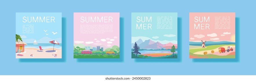 Set of summer travel and vacation posters. Landscapes of sea resorts, mountains and fields. Road with trees and transport near the city. Template for poster, web page banner. Flat vector illustration