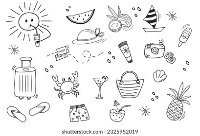 Set of summer traveling elements. Doodle summer icons. Hand drawn elements.