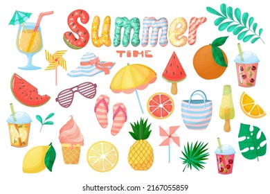 set of summer treats. Fruit cocktail or smoothie in cartoon style. Takeaway drinks. Vector illustration isolated on white background.