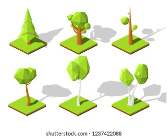 Set of summer trees (Birches and pines  trees)  for landscape design, map or game. Big and  small trees isometric vector illustration with shadows.