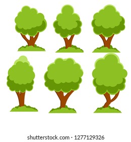 Set of summer trees with green leaves. Plants of the Park, forests, nature of different shapes. Cartoon flat illustration