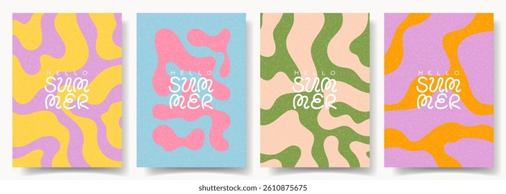 Set of summer trendy posters. Abstract vector cards with colourful liquid or marble pattern. Collection fo wavy groovy patterns for flyer, celebration, ads, branding, cover, sale.