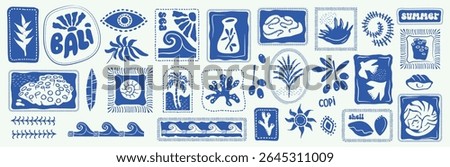 set of summer tropic blue on white print elements, sea, Bali coffee, tree, corals, wave, frame, palm, tiger, bird, stamp, vintage, decoration, stickers, postal, vector illustration