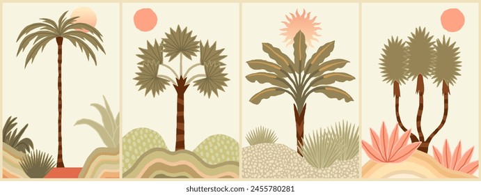 Set of Summer tropical background with palms, sun and beach. Summer placard poster flyer invitation card