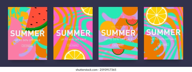 Set Summer Tropical Background with Yellow, Green, Orange, Pink Colors.  3d Creative Design for Social Media, Celebration, Ads, Branding, Banner, Cover, Label, Poster. Discount Offer 50%.