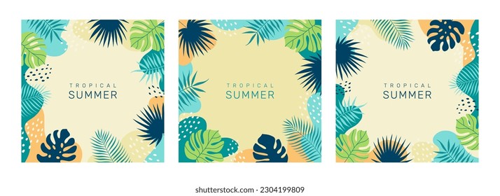 Conjunto de fondos tropicales de verano con espacio de copia para texto. Hojas de palma. Marco hawaiano floral exótico. Diseño moderno y colorido. Plantilla vectorial para tarjeta, portada, afiche, medios sociales, banner.