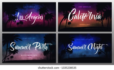 Set of Summer tropical backgrounds with palms, sky and sunset. Summer Time