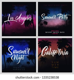 Set of Summer tropical backgrounds with palms, sky and sunset. Summer Time