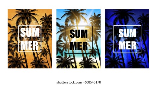 Set of summer tropical backgrounds with palms, sky and beach. Vector design for T -shirt, placard, poster, flyer, invitation, card.