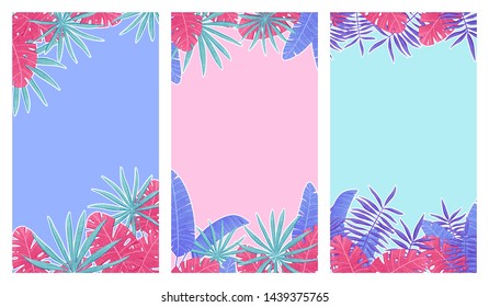 Set of summer tropical backgrounds for stories, web, posters, postcards, social media, promotion. Bright vector illustration with texture