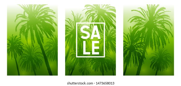 Set of summer tropical brochure covers design with palm trees silhouettes on green background